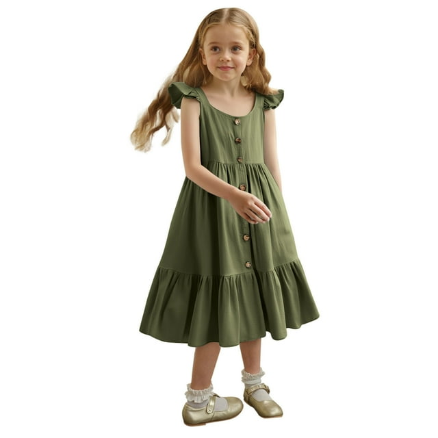 Robes pour Filles Petite Fille Été Sans Manches Robe Décontractée Enfants Tout-Petit Boutonnée Mode Robe Soleil à Volants Robe Ado Fille Vert 2 Ans-3 Ans