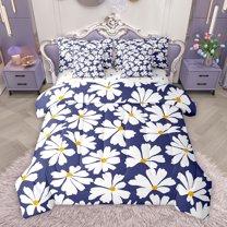 Manfei Rustic Vibrant Floral Bedding Comforter Set 7 Pieces, Navy Groovy Daisy Flower Full Bedding Set, Princess Style Reversible Fitted Sheet Flat Sheet, Breathable Home Decor