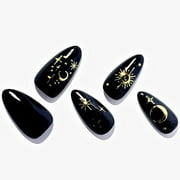 Press on Nails Medium - GLAMERMAID Handmade Gel Gothic Black Jelly Gel Glue on Nails with Sun Galaxy Design, Short Almond Reusable 24Pcs UV Finish Fake Nails Acrylic False Nails Manicure Kits for Wome