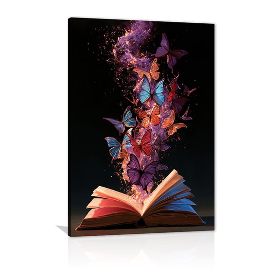 Magic book and butterfly canvas frame, butterflies and light print, dark preppy style poster, suitable for living room, bedroom and study wall decoration.