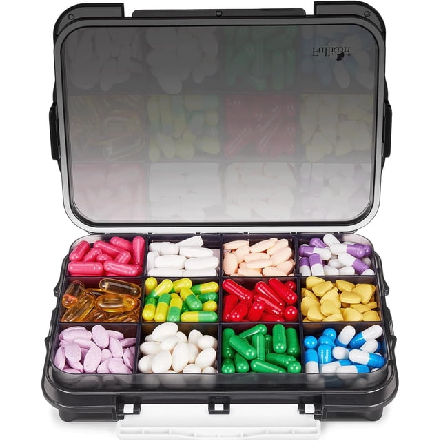 Daily Travel Moisture Proof Pill Case with Extra Large Compartment Pill Organizer with Secu Buckles Large Supplement Box for Vitamin with Removable Dividers ()