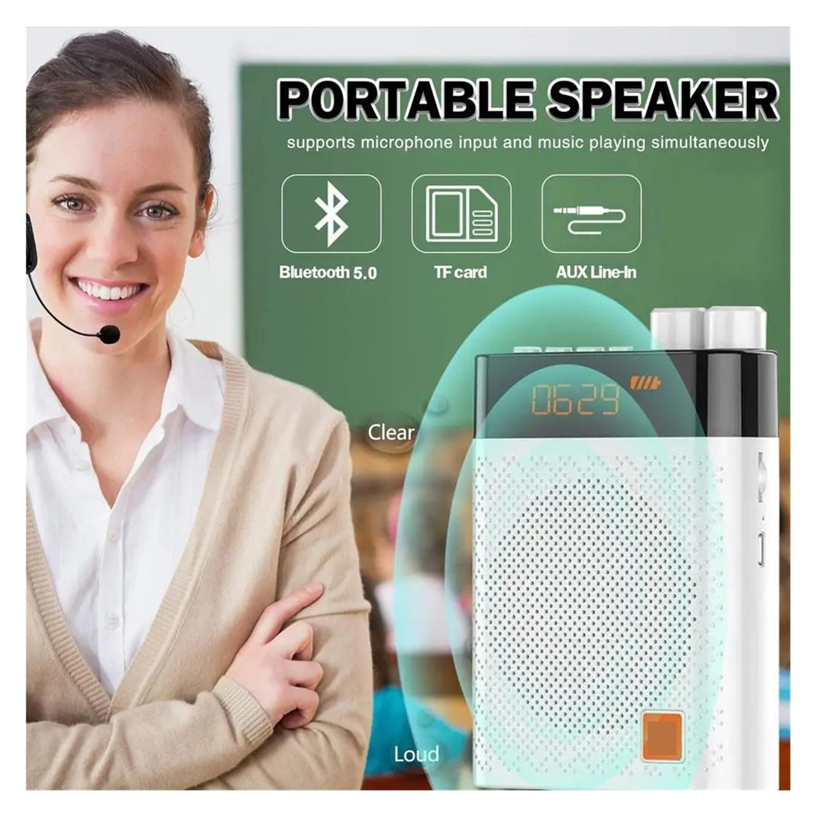 UHF Wireless Megaphone Teacher Loudspeaker Voice Amplifier Waist Hanging High Power Speaker U Disk Connection Black ,High Sound