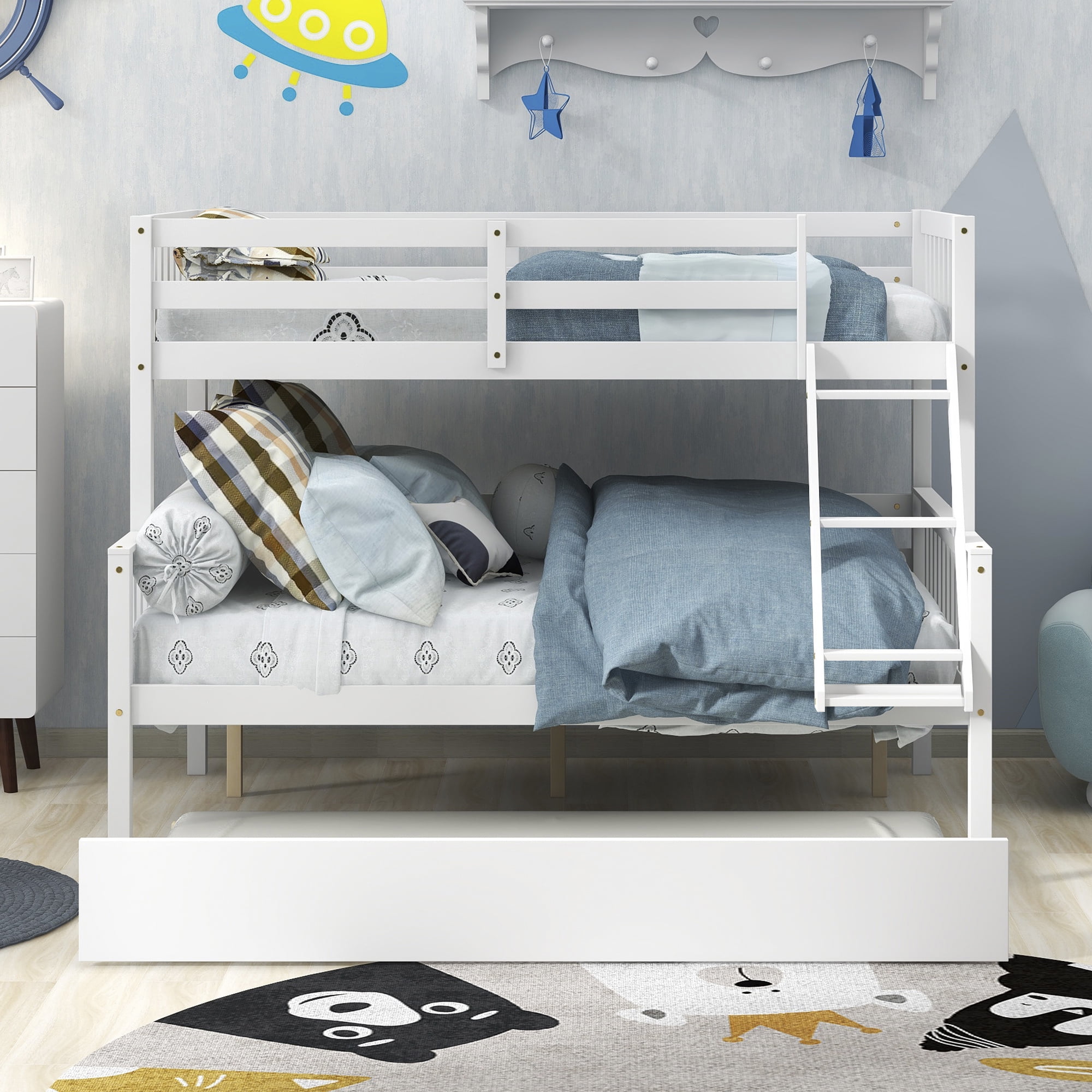 Kepooman Twin Over Full Bedroom Wooden Bunk Beds with Trundle & Safety Rail for Kids Teens, White Kepooman Twin Over Full Bedroom Wooden Bunk Beds with Trundle & Safety Rail for Kids Teens, White