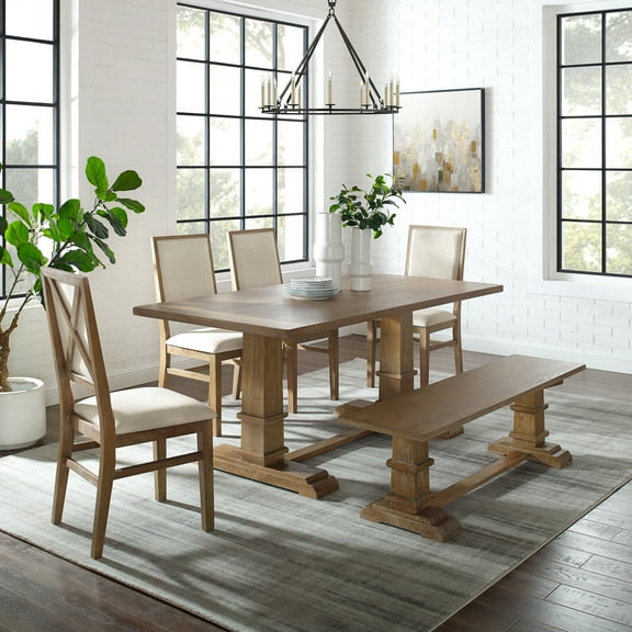 Modern Farmhouse Dining Set - 6 Piece Table, Chairs & Bench - Rustic Dining Room Furniture