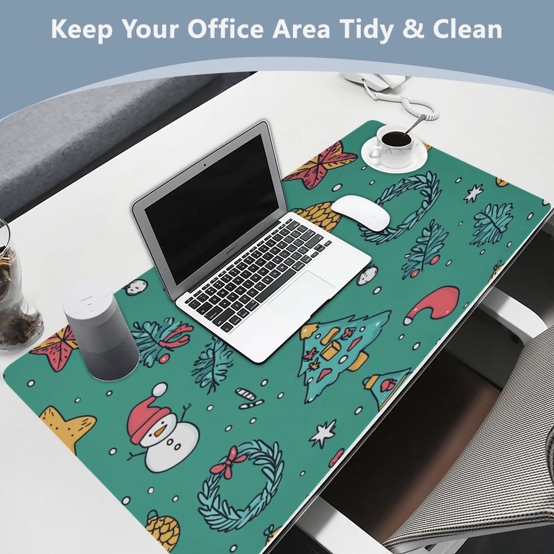 Wobogo Cartoon Christmas Patterns with Simple Lines Gaming Mouse Pad Non-slip Leather Desk Mat Water Resist Keyboard Pad for Gamer Office 23.6×47.2in