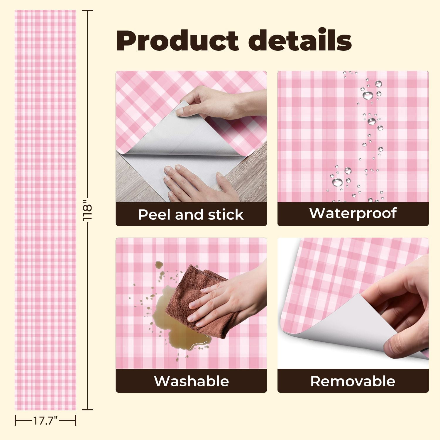 Peel and Stick Wallpaper Pink gingham check seamless Soft romantic checkered Wall Mural 17.7in x 9.8ft Self Adhesive Removable Wall Paper Renter Friendly Wallpaper for Bedroom Bathroom