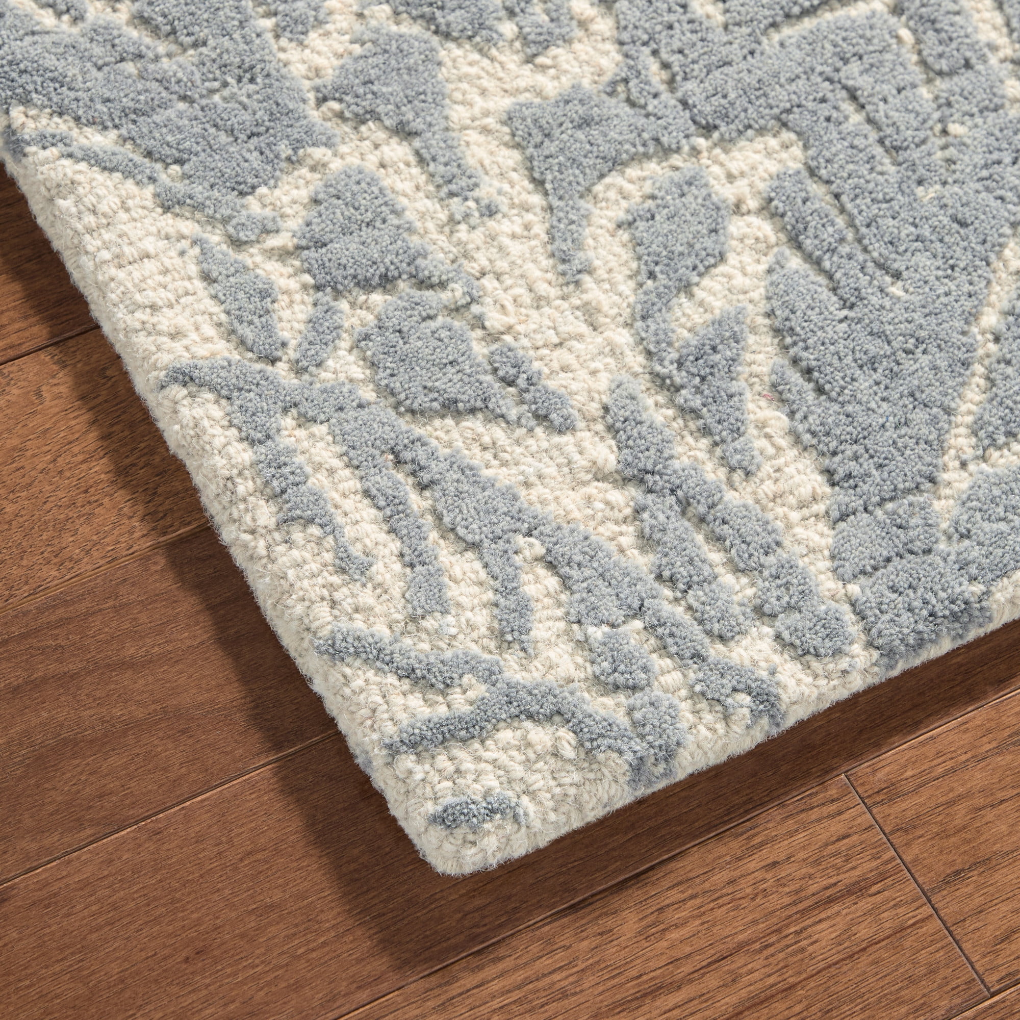 NICOLE MILLER NEW YORK Mod Damask Chambray Handcrafted Area Rug, 100% Wool Rug, Grey, 5'x7’