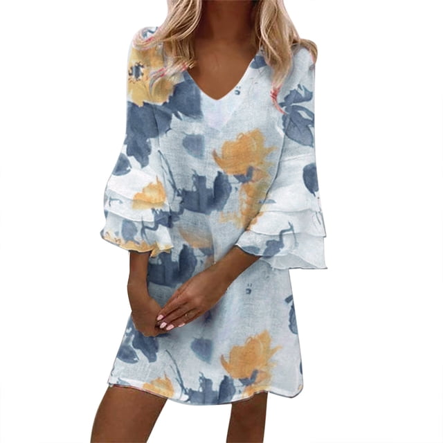 Robes pour Femmes Robe Mignonne Manches Trois Couches Volant Col en V Ample Imprimé Floral Mini Robe pour Femmes g S