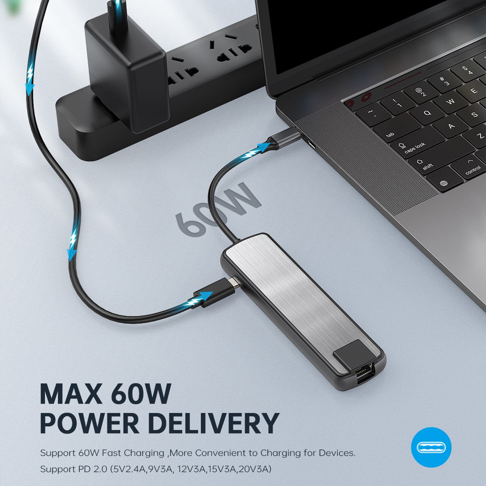 USB C Docking Station 6 in 1 Auminum USB C to USB3.0 PD60W Gigabits Ethernet Port 3x USB3.0 Adapter for Laptops