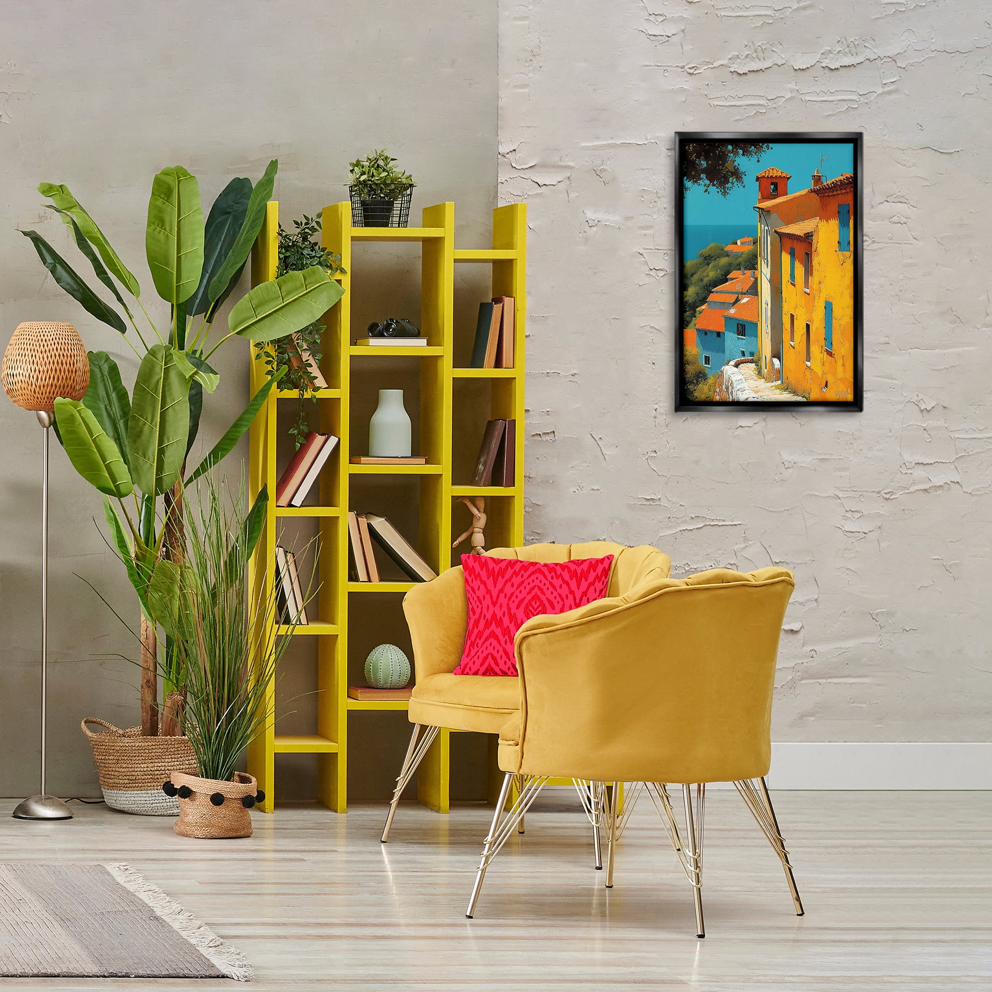 Stupell Industries Tall Buildings by Sea Buildings & Architecture Painting Black Floater Framed Canvas Art Print Wall Art, 17 x 25