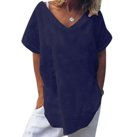 Women Summer Loose Short Sleeve Plain V-Neck T-Shirt Casual Blouse Tops ...