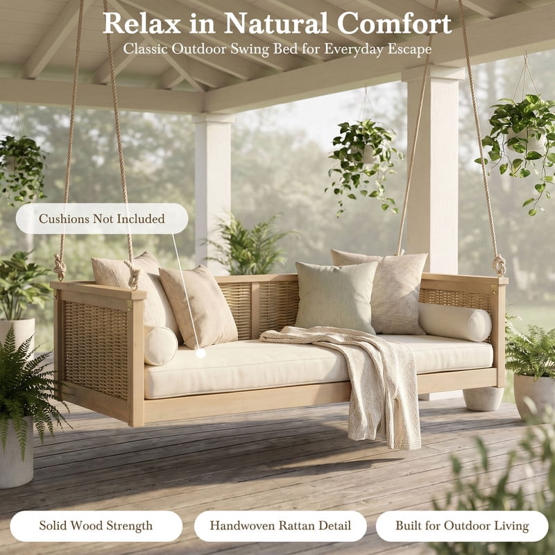 Outdoor Porch Swing Bench,Solid Acacia Wood & Rattan Patio Hanging Chair Swinging Bed,Hanging Ropes,for Porch,Backyard,Poolside,Light Teak
