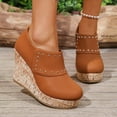 thumbnail image 2 of Rokment Studded Platform Wedge Dress Ankle Boots for Women Ladies 2026 Spring Fall Fashion Leather Wooden Chunky High Heels Combat Short Booties Brown Size 6.5, 2 of 6