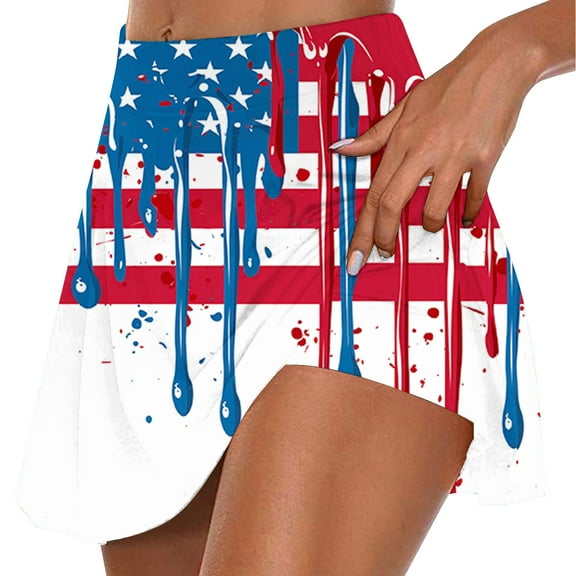 Wiyuqeen Women's Stars Stripes Workout Skort High Waist American Flag Skorts Tummy Control Runnig Athletic Mini Skirts with Shorts