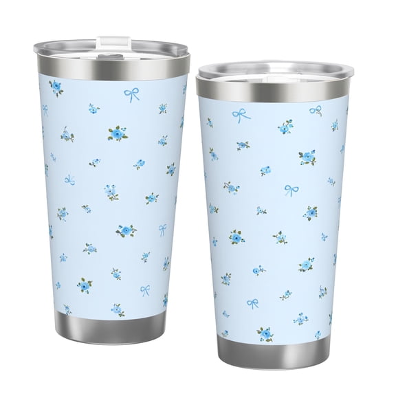 20oz Blue Floral Bow Insulated Tumbler with Handle and Straw Cute Watercolor Travel Coffee Cup Gift with Double Silver Rim