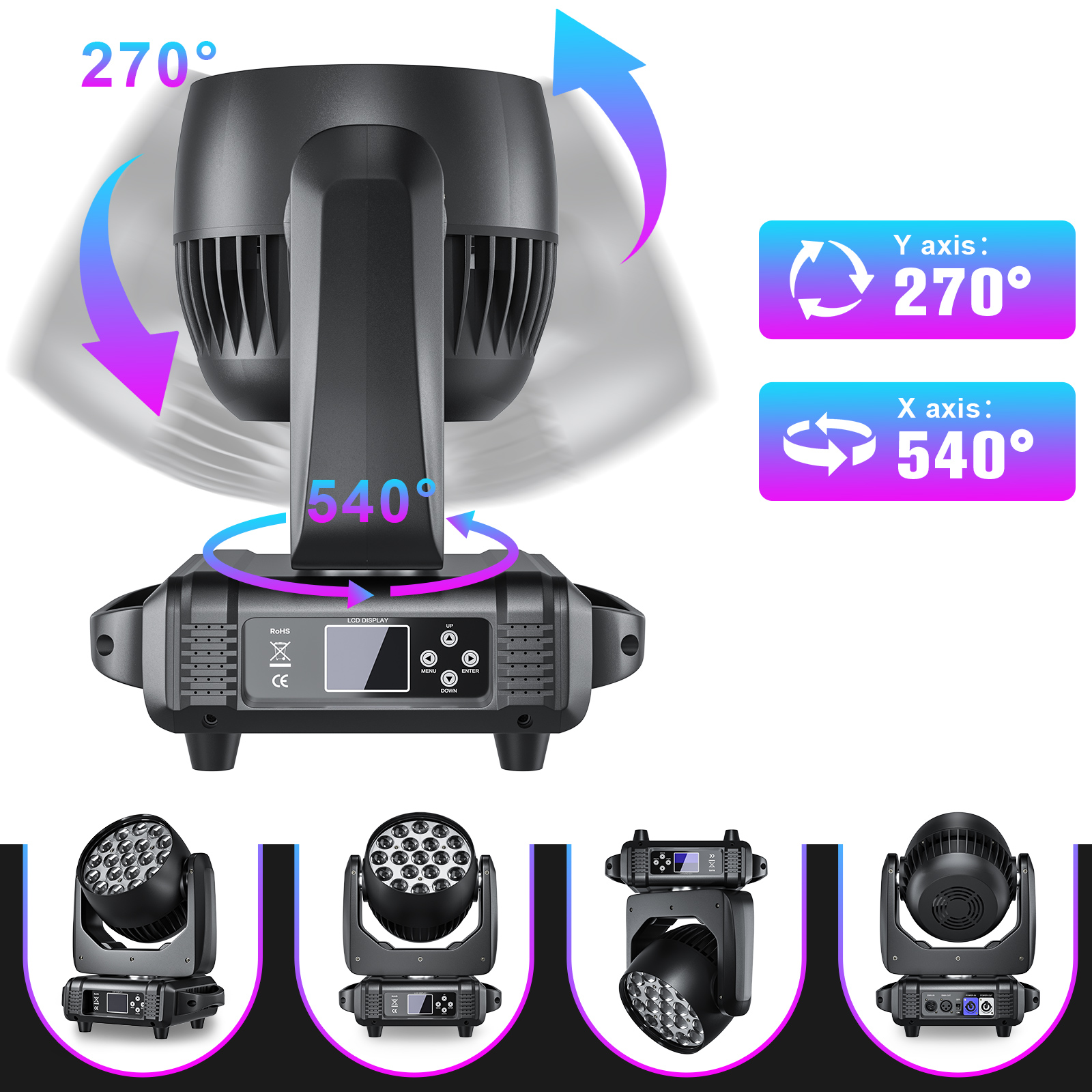 19x15W RGBW Wash Zoom Beam Moving Head Spotlight LED Stage Light DMX DJ Party Show Wedding - 4 Pack