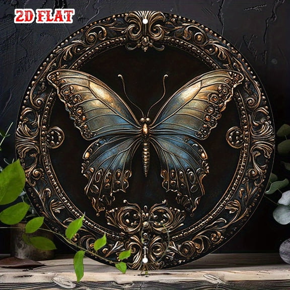 HELLOYOUNG Metal Wall Art Silver Butterfly Round Tin Sign Vintage Beach House Decor Ocean Sunset Rustic Home Artwork