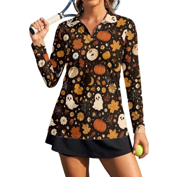 Xoenoiee Ghost Pumpkin Moon Daisy Spider Web Print Womens Polo Shirts Halloween Long Sleeve Golf Shirts V Neck Dressy Tops Collared Blouse Stretchy Golf Apparel Casual Fall Winter Clothing, Size XS