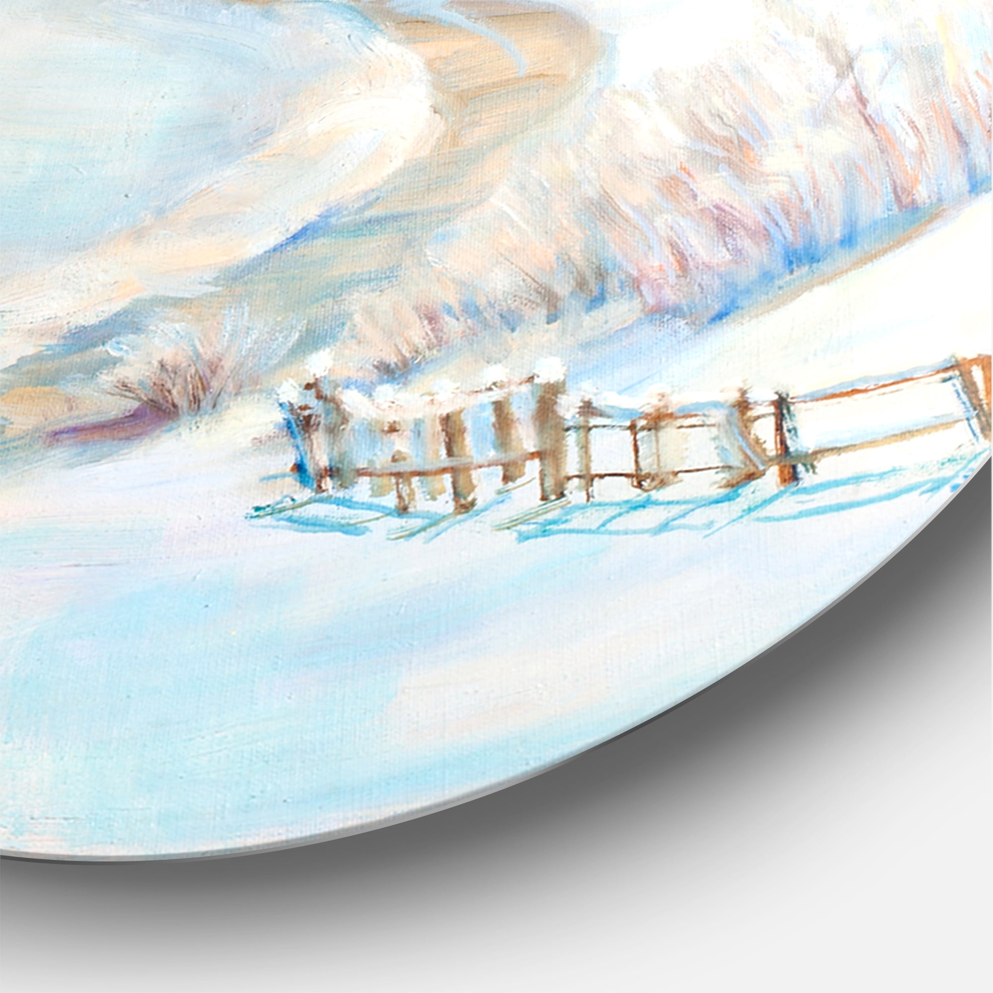 Designart 'Temple Over Country Road In Winter Landscape' Traditional Circle Metal Wall Art 11x11 - Disc of 11