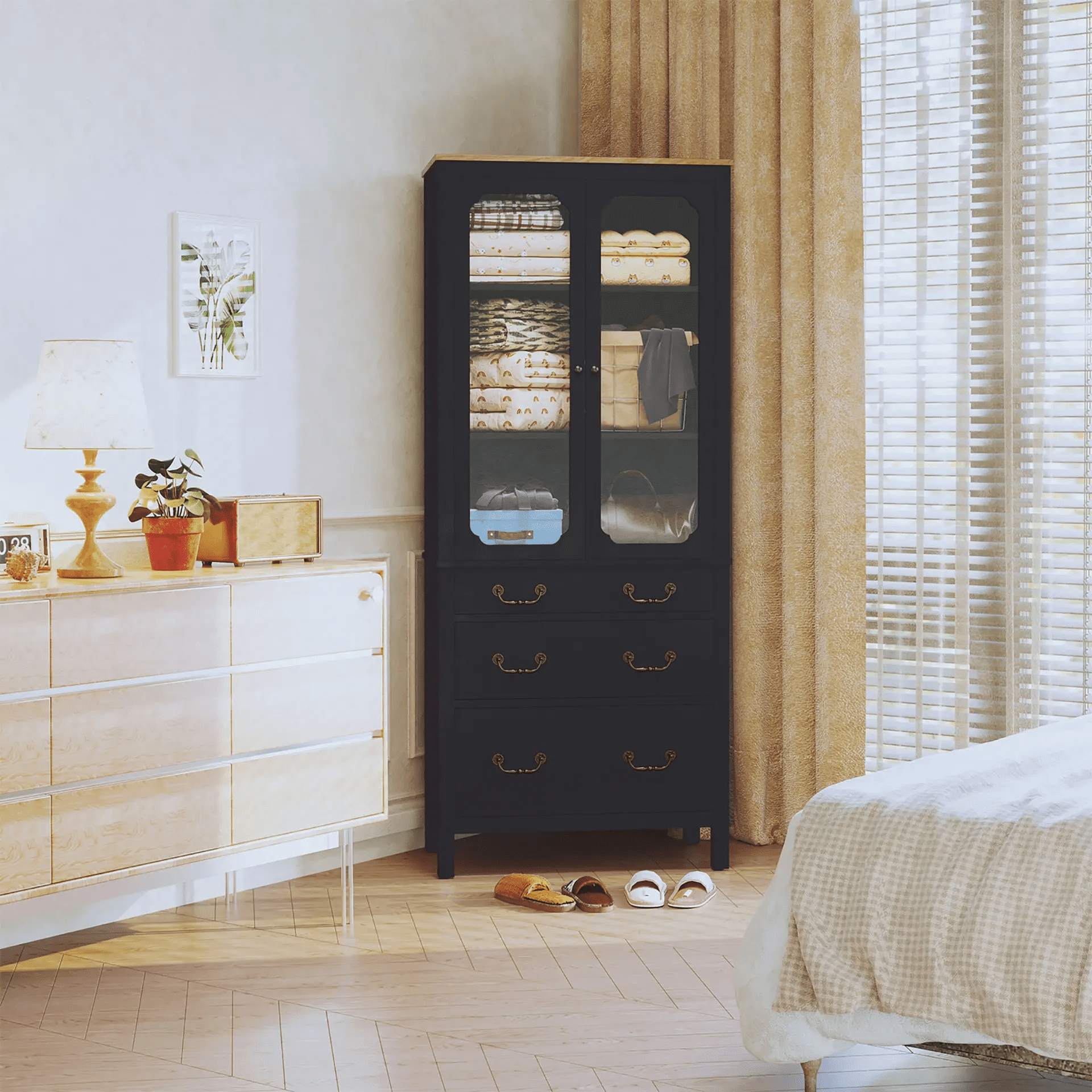 Kitchen Pantry Cabinet, Freestanding Tall Storage Cabinet, Utility Cupboard, Pantry Cabinet with Tempered Glass Doors and Adjustable Shelves for Kitchen, Living Room, Dining Room