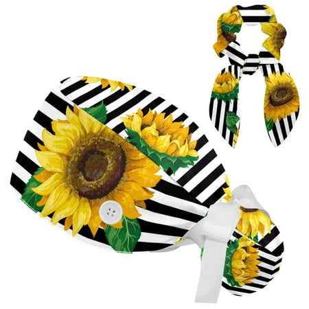 

Working Cap with Buttons and Sweatband Scrub Hat Bouffant Caps with Scrunchie Sunflower Tie Back Hats