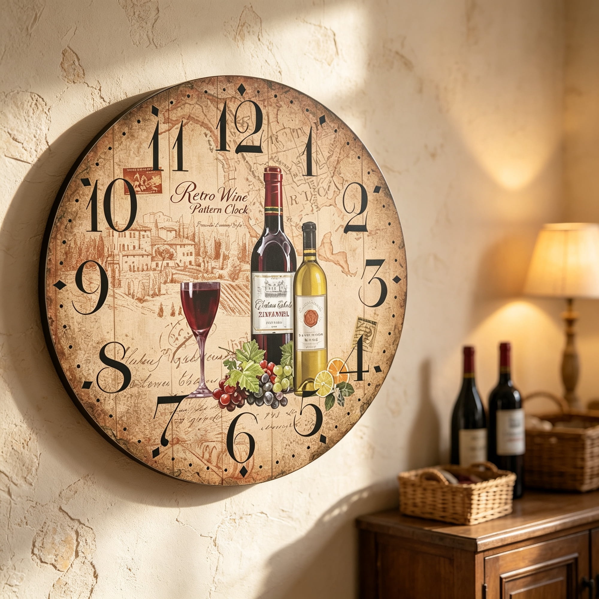 DESIGNICE 12 Retro Vintage Wine Pattern France Style Non-Ticking Silent Wooden Wall Clock Art Decoration for Kitchen/Living Room/Bedroom/Farmhouse, Kitchen Clock
