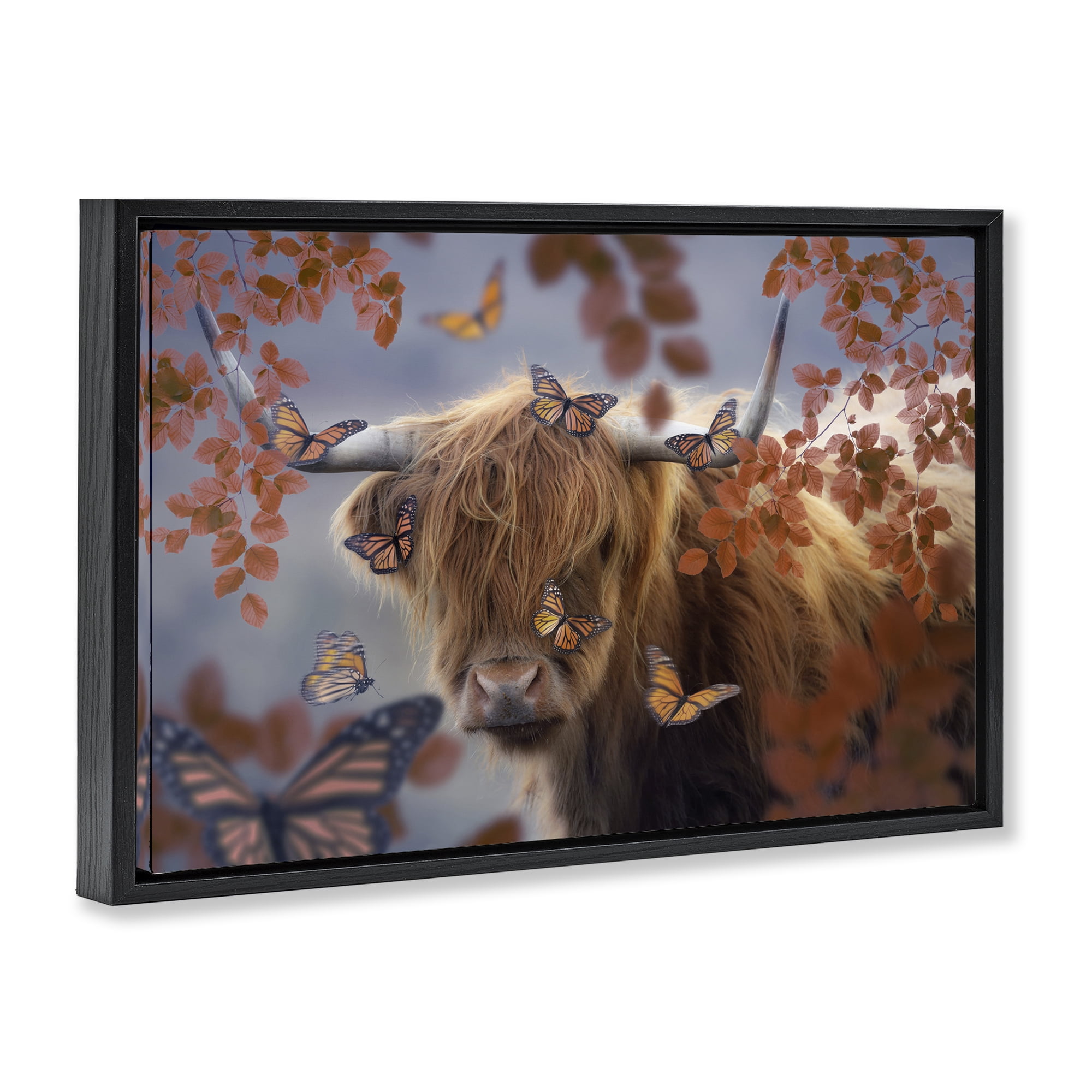 Stupell Industries Monarch Butterflies & Cattle Animals Painting Black Floater Framed Canvas Art Print Wall Art, 25 x 17