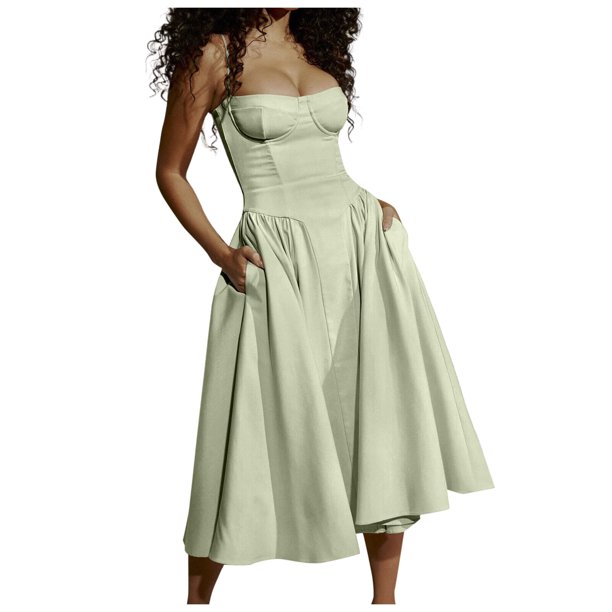 Vestido sin mangas y sin espalda para mujer - Vestido largo de color liso con corte en A, poliéster, ropa de fiesta y playa