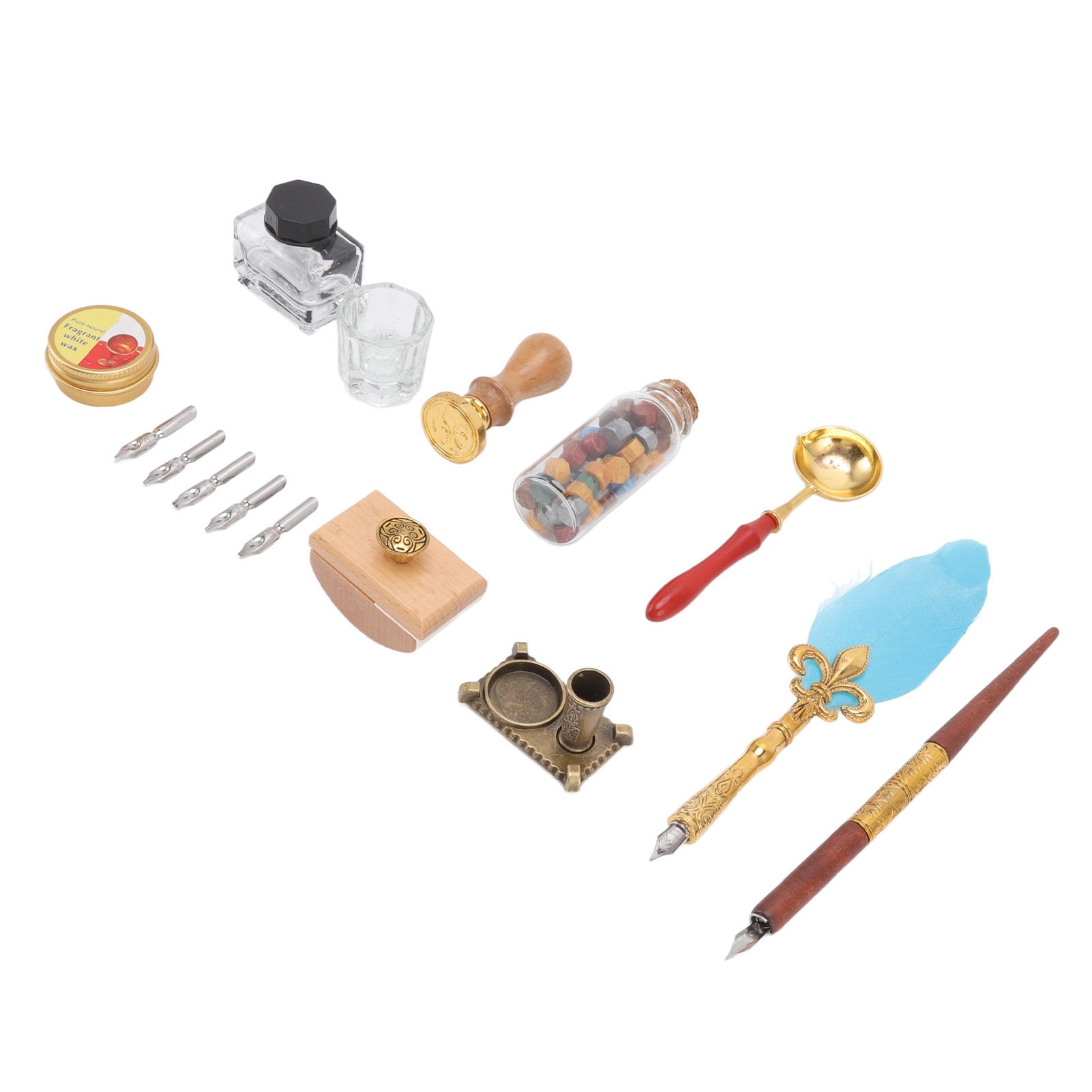 YAHHU European Style Feather Pen Set, Vintage Calligraphy Quill Pen Set with Blotter Stamp, Melting Wax Spoon, and 5 Replaceable Nibs for Art and Gifting (11.42 inches / 29.00 cm)