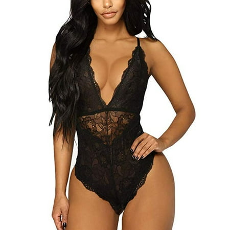 Sinhoon Women Deep V Sexy Lace Bodysuit Snap Crotch Lingerie Teddy Underwear