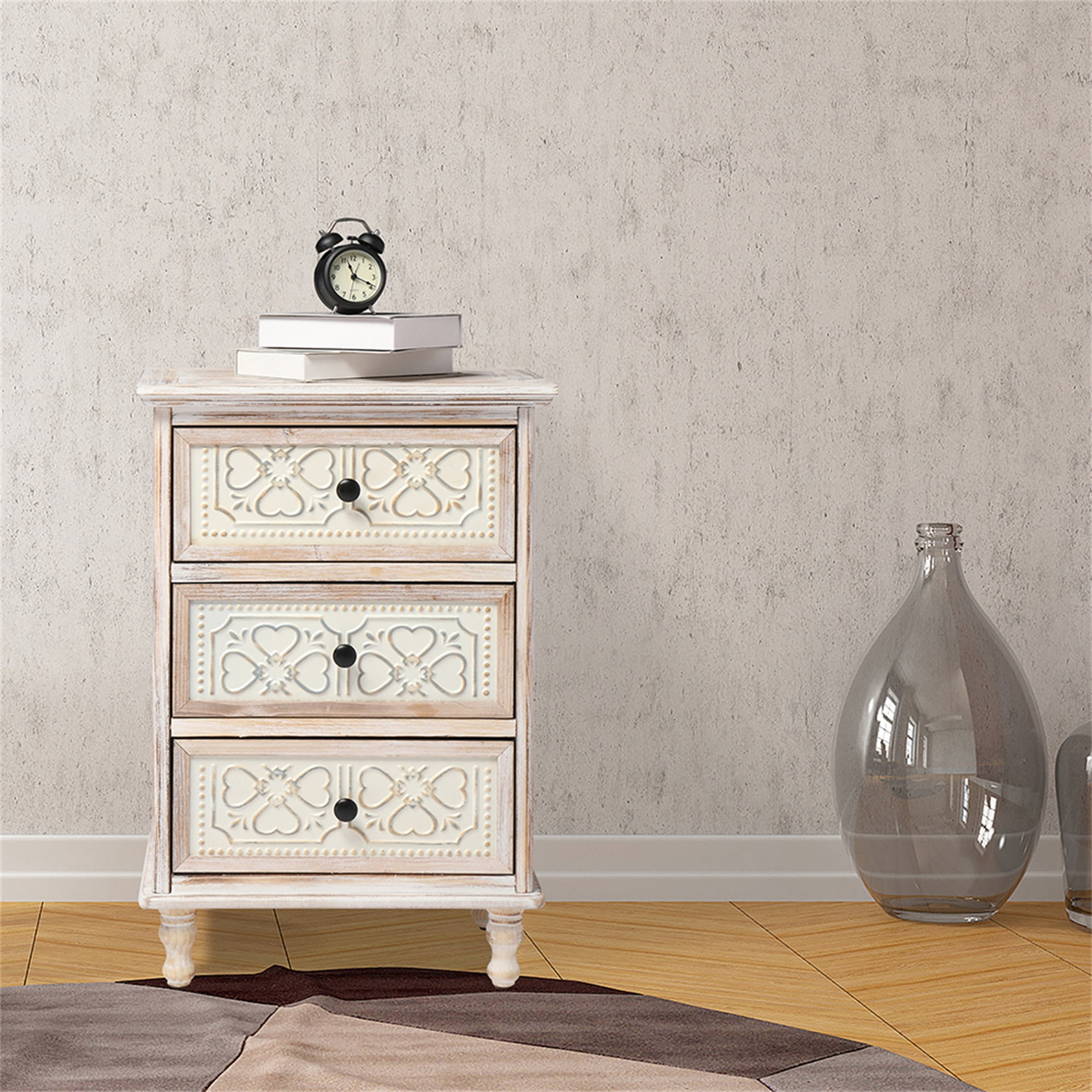 Kadyn 3 Drawer Nightstand, Decorative Storage Chest, Durable Solid Wood and MDF Veneer Fir Construction, Iron Piece Carved Bedside Table for Bedroom, Living Room, Entryway Washed White Finish Kadyn 3 Drawer Nightstand, Decorative Storage Chest, Durable Solid Wood and MDF Veneer Fir Construction, Iron Piece Carved Bedside Table for Bedroom, Living Room, Entryway Washed White Finish