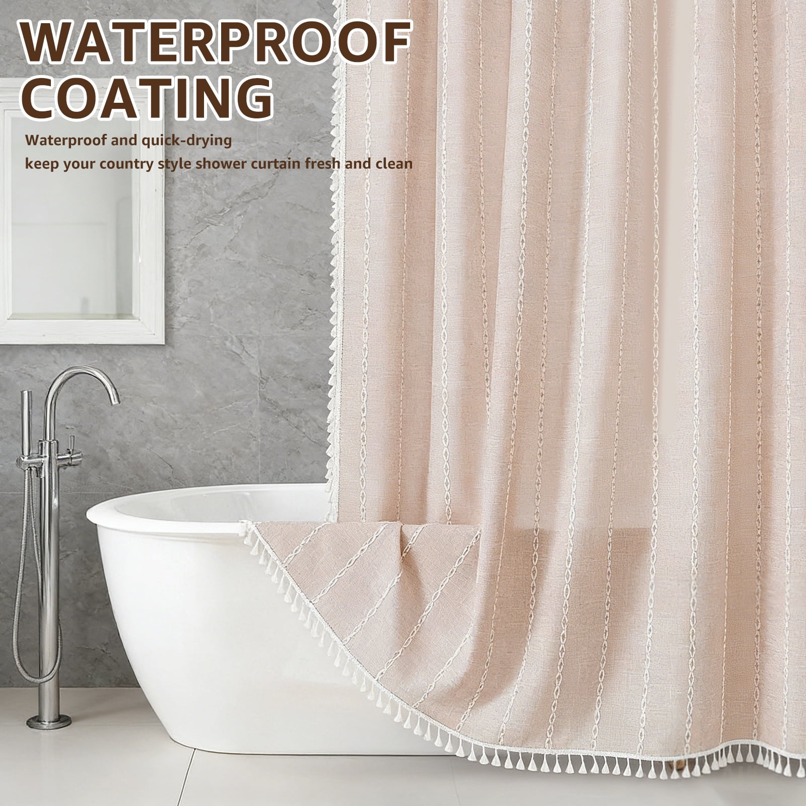 Dznils Boho Tassel Shower Curtain with Hooks, Farmhouse Thick Cloth Linen Fabric Bathroom Curtain, Cream, 72" x 72"