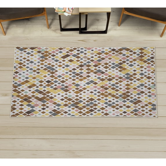 Ethnic Decorative Rug, Retro Mosaic Creative Pattern Square Rhythm Abstract Art Print Design, Quality Carpet for Bedroom Dorm and Living Room, 6 Sizes, Pale Coffee, by Ambesonne