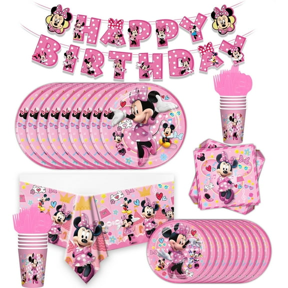82 Psc Minnie Birthday Party Supplies Set, Pink Theme, with Banner, Plates, Cups, Utensils, Napkins, Tablecloth