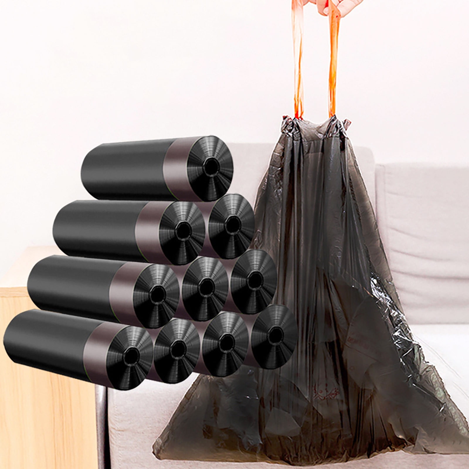 Drawcord Trash Bags, 45 Pcs, Medium & Small Black Garbage Bags, Portable & Affordable for Household Waste Use