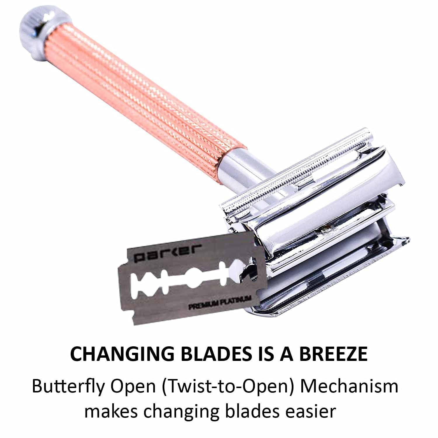 Parker Safety Razor 29L Double Edge Butterfly Open Double Edge Safety Razor and 5 Blades - Rose Gold