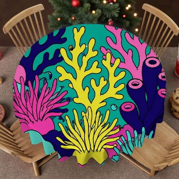 RKSupls 60 Inch Stain Resistant & Washable Decor - Coral Reef Pattern Print, Polyester Tablecloths Festive Round Table Setting Polyester Round Table Cover, Wedding, Party, Holiday, Home Dining