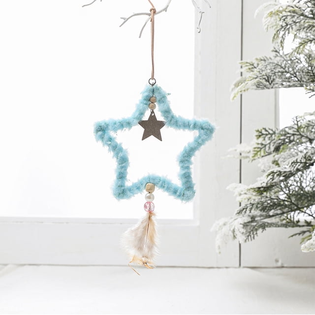 Fiudx Colgante para Árbol de Navidad, Diseño de Estrella de Peluche, con Cuentas y Plumas, Material Suave y Acogedor, Decoración Navideña Versátil, Fácil de Colgar, Ideal para Habitación y Árbol, 23,