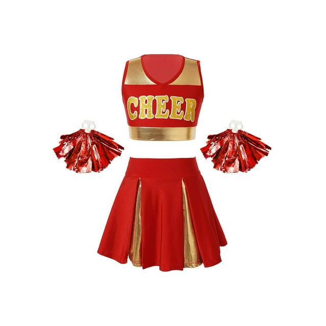 Runhomal Kids Girls Cheer Leader Costume Halloween Cheerleading Team Rooter Uniform Set Crop Top with Pleated Skirt D#Red10 16
