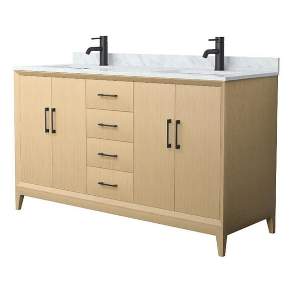 Janna 60" White Oak Double Vanity & White Carrara Marble Top & Black Trim
