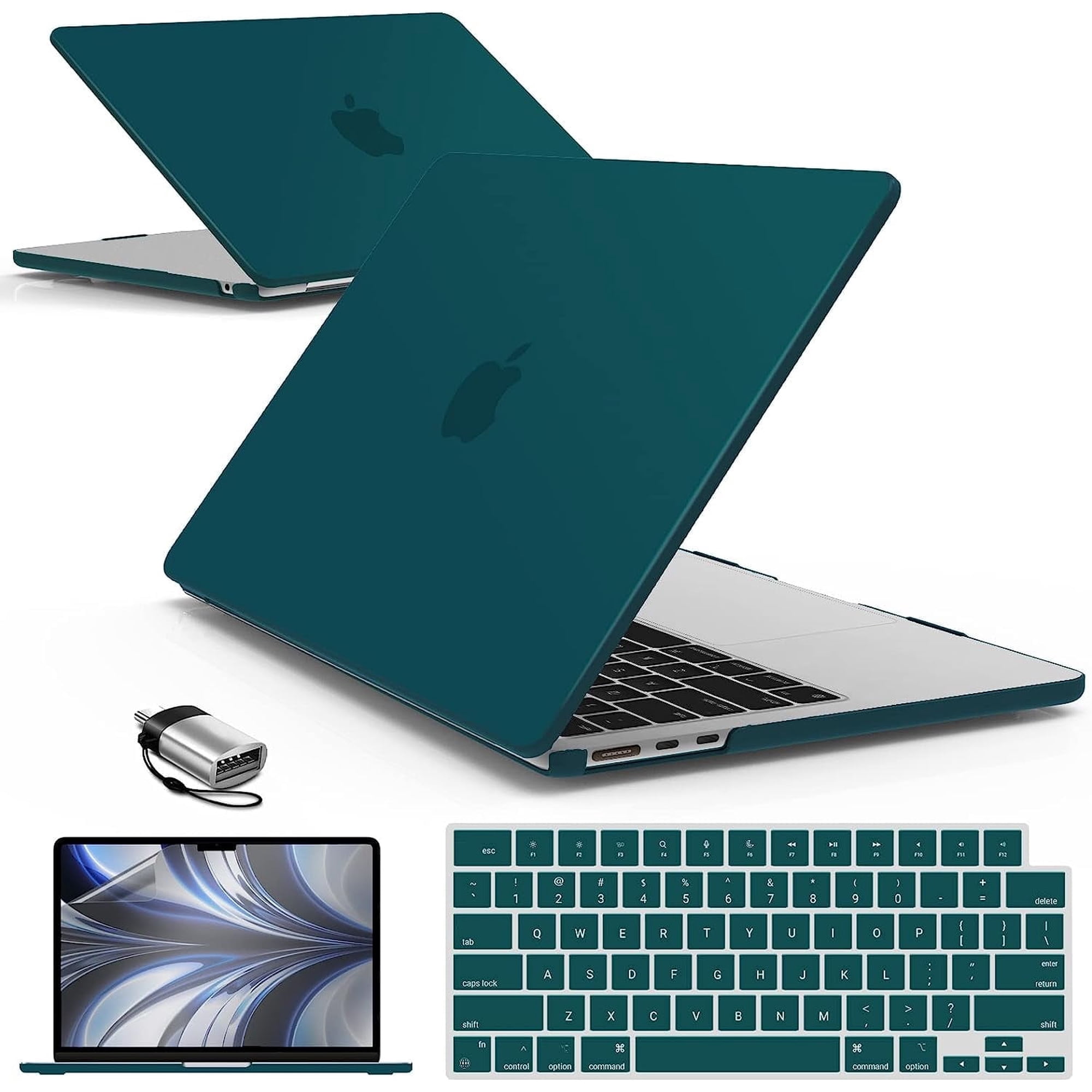 IBENZER MacBook Air 13 inch case 2025 2024 2023 2022 M5 A3449 M4 A3240 M3 A3113 M2 A2681, Hard Shell Case & Keyboard Cover & Screen Film & Type-C Adapter, Querztal Green,W-MAT13-KK-QUGN+2TC
