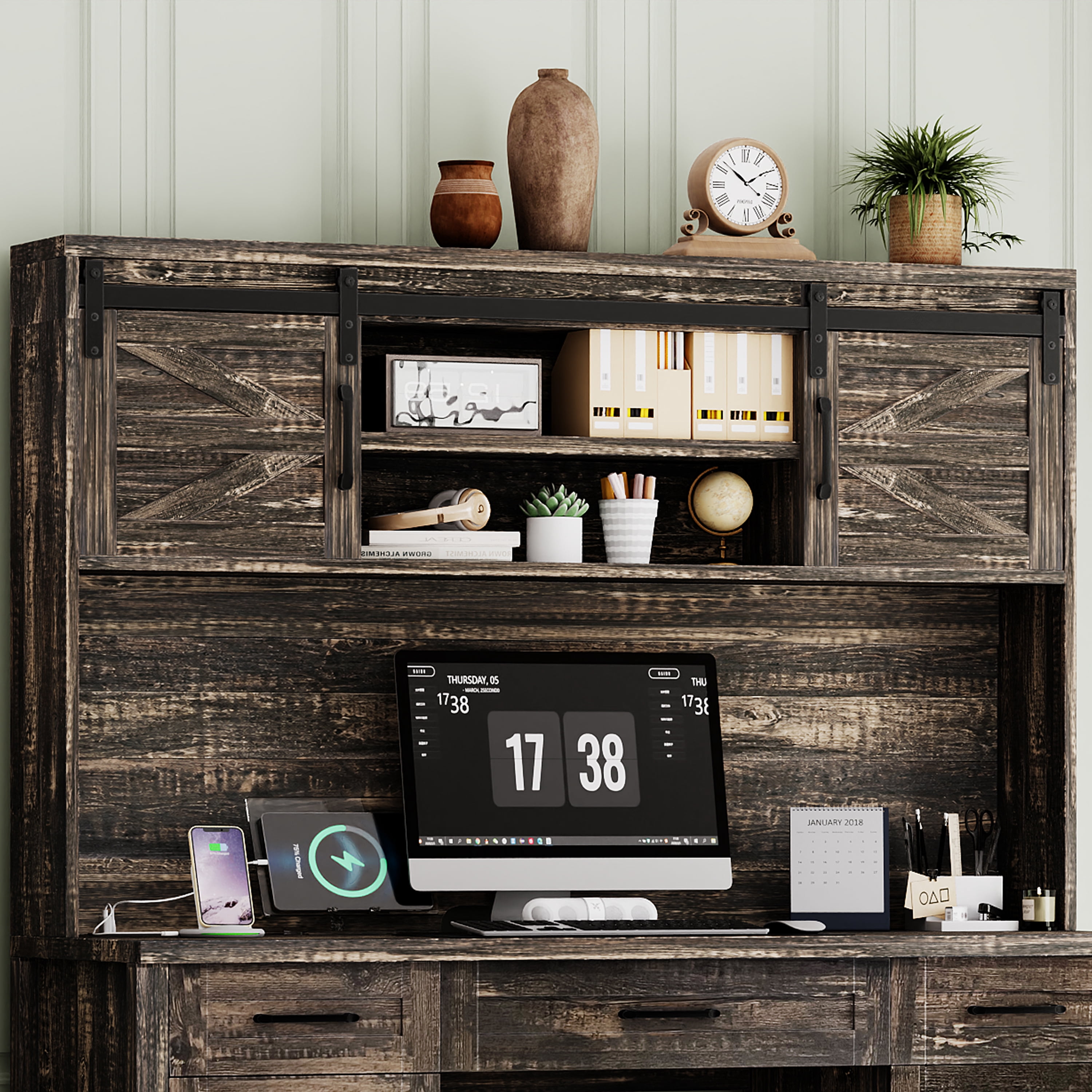 Mintazer Farmhouse Computer Desk with Storage Cabinets & Charging Station, Executive Desk with 2 Sliding Barn Doors and 5 Drawers & Adjustable Shelf for Home Office, Rustic Gray