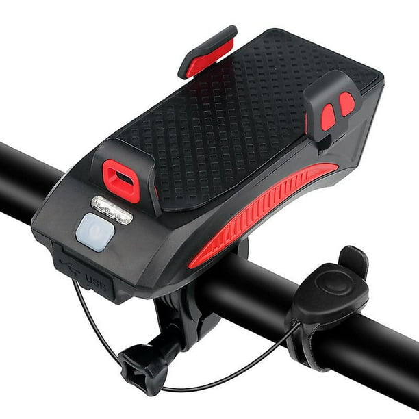 Luz de bicicleta 4 en 1 con bocina Cargador de teléfono móvil Batería recargable Faro de manillar con 3 modos de iluminación y 5 sonidos (rojo negro) (1p