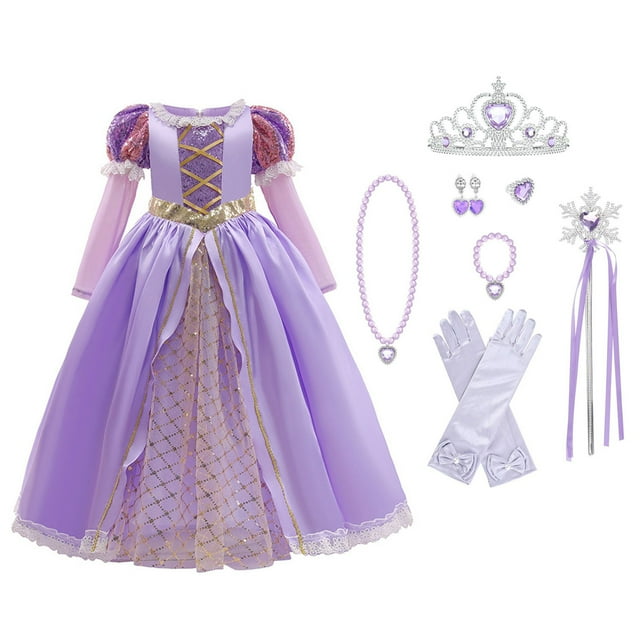 Robe Classique Raiponce Robe de Déguisement Robe Princesse à Manches Longues avec Accessoires