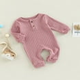 thumbnail image 3 of Toddler Baby Rompers Solid Color Knit Casual Button Crew Neck Long Sleeve Jumpsuit for Newborn Girl Boy, 3 of 8