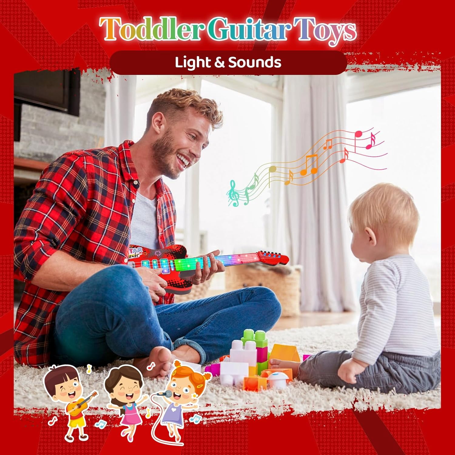 Kids Guitar and Microphone Playset, Electric Guitar Kit with Lifting Mic Stand, Toddler Toys Musical Instruments Starter Kit, Karaoke Machine Toys for Boys Girls Christmas Guitars Gifts