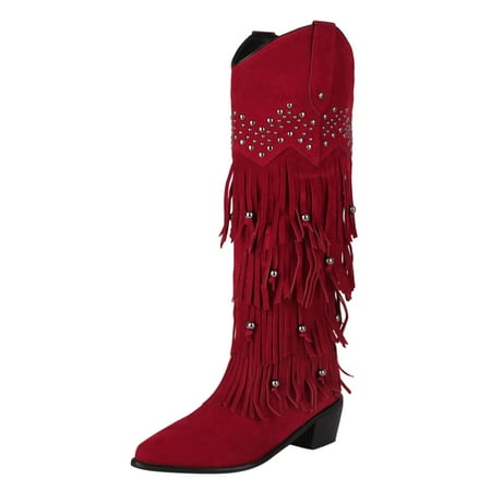 

Gubotare Cowgirl Boots for Women Embroidered Wide Calf Cowboy Boots Square Toe Low Heeled Western Boots(Red 8.5)