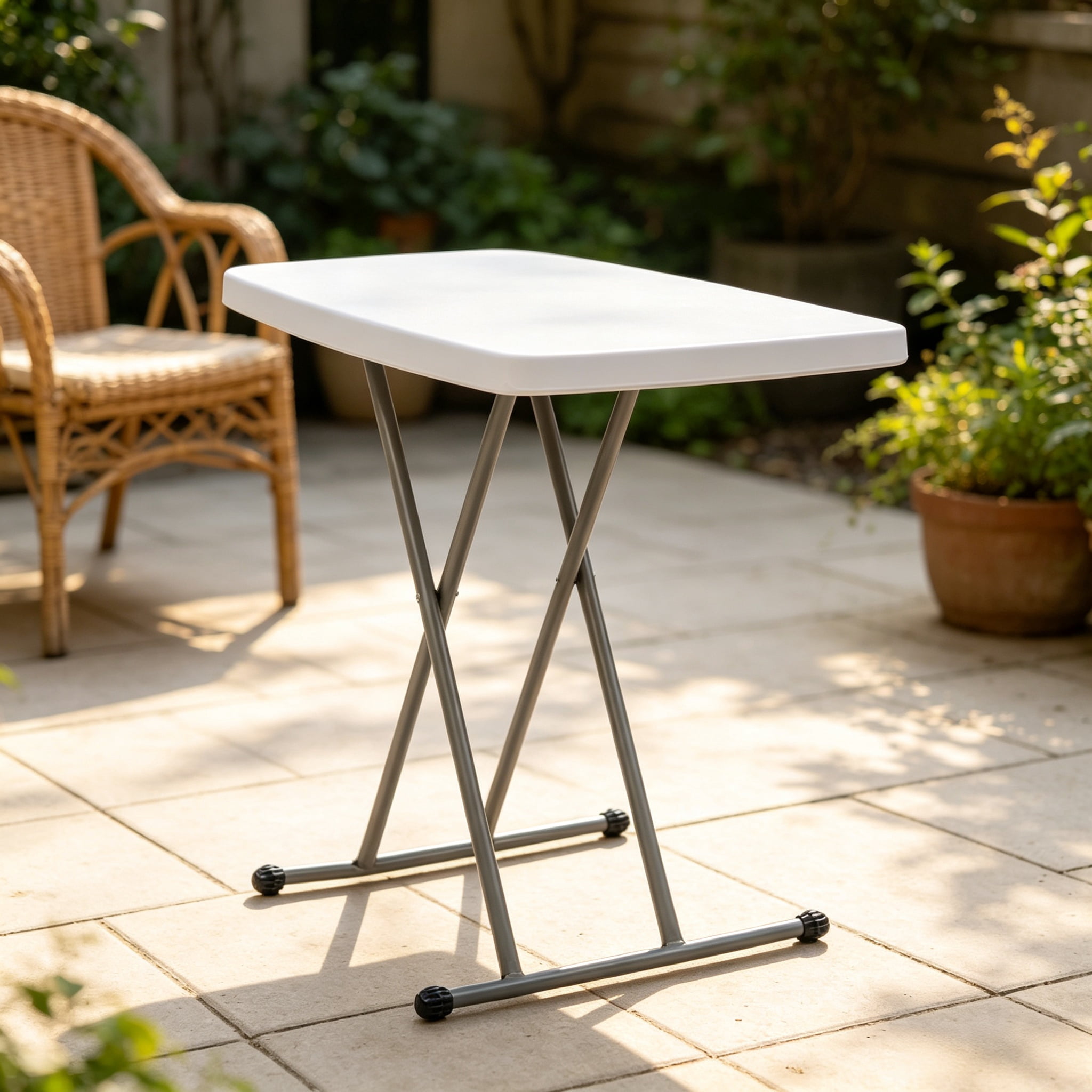 Liftable HDPE Garden Plastic Table Sturdy Grey Steel Legs Weather Resistant Lightweight Space Saving Outdoor Patio Yard Adjustable Height Side Table