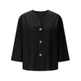 thumbnail image 3 of SuTry Girls 3/4 Sleeve Blouses Linen Button down V Neck Trendy Solid Loose Tops for Mild Weather Linen Material Breathability(Black,13 Years), 3 of 8