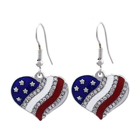 American Flag Earrings Tarnish Resistant Crystal U.S.A. Patriotic Heart Flag Dangle Drop Jewelry J-402